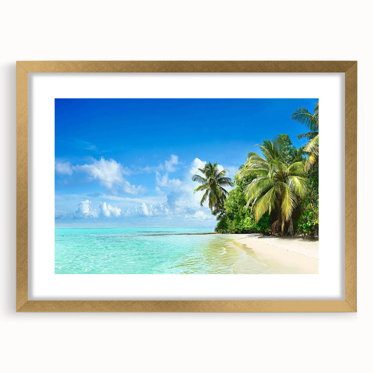 Gold-framed wall art featuring a serene seascape design, elegantly matted, showcasing gentle waves and a tranquil sky, perfect for enhancing home decor aesthetics.