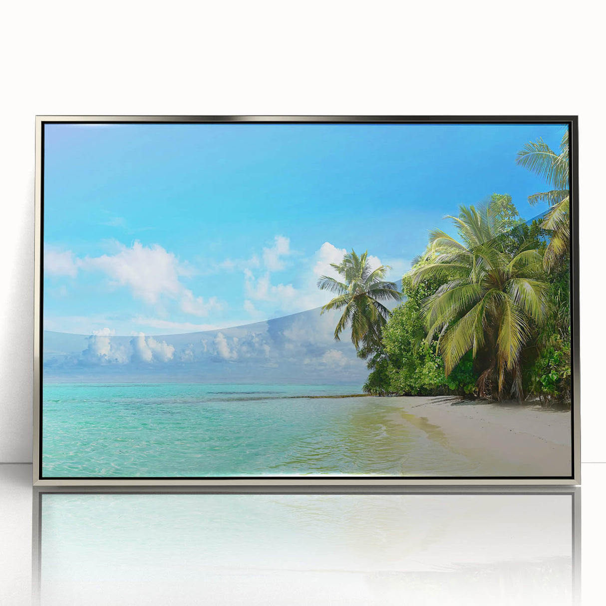 Framed acrylic wall art featuring a serene seascape design with silver accents, perfect for coastal-themed home decor. Ideal for enhancing living spaces with a calming ocean view.