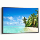 Framed canvas wall art showcasing a serene seascape design, featuring calming blue hues and intricate details, displayed with a sleek black frame for an elegant touch.