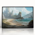 Framed acrylic wall art showcasing a serene seascape design with vibrant blues and greens, elegantly presented in a sleek black frame, ideal for modern decor.