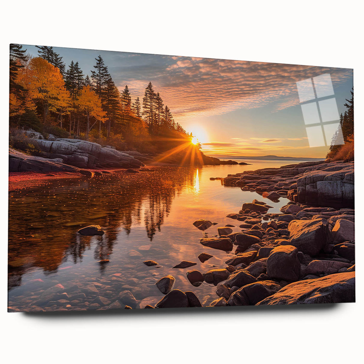 Acrylic glass wall art from the Landscapes & Seascapes collection, showcasing vibrant ocean waves and sunset hues, elegantly displayed in a side view without pins.