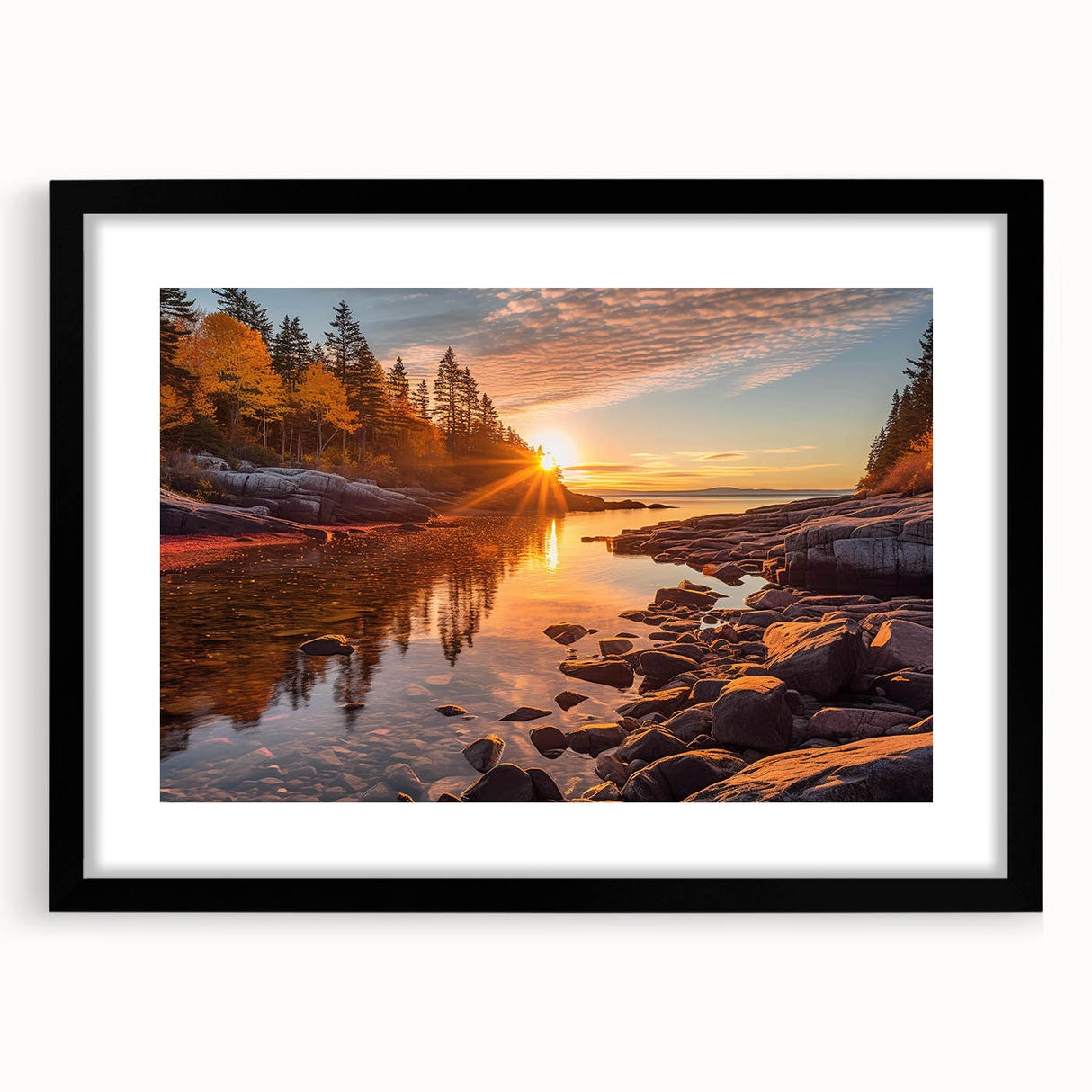 Elegant black-framed wall art showcasing a serene seascape design with vibrant colors and detailed textures, perfect for enhancing home decor aesthetics.