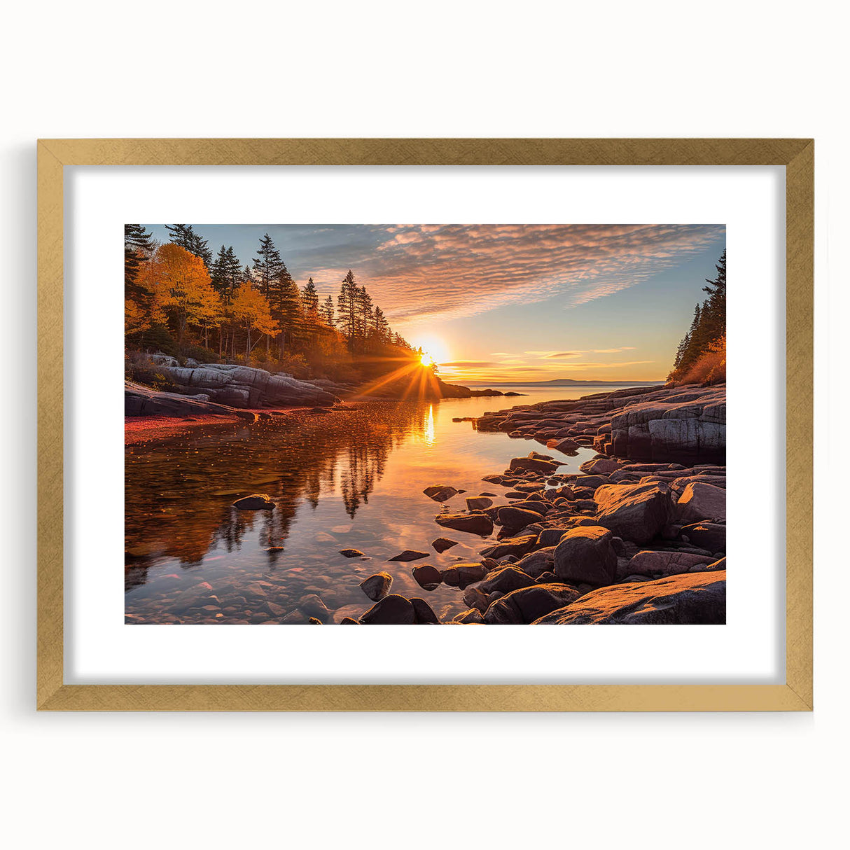Elegant gold-framed wall art featuring a serene seascape design, showcasing gentle waves and a pastel sky, perfect for coastal-themed decor.