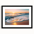 Framed wall art showcasing a serene seascape design with vibrant blues and greens, set in a sleek black frame with a white mat, ideal for coastal decor.