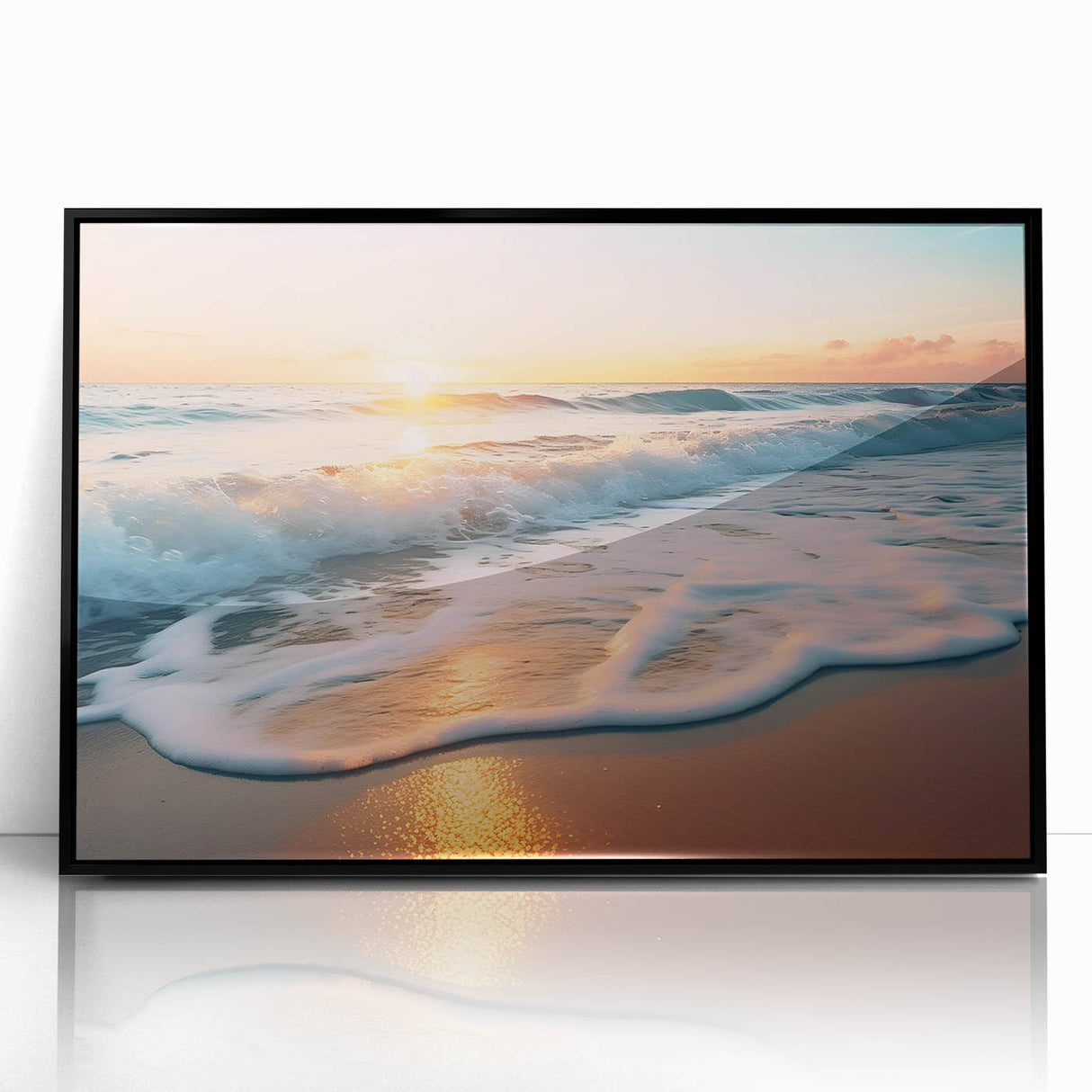 Framed black acrylic wall art showcasing a serene seascape design with vibrant colors and intricate details, perfect for enhancing modern home decor and creating a calming atmosphere.