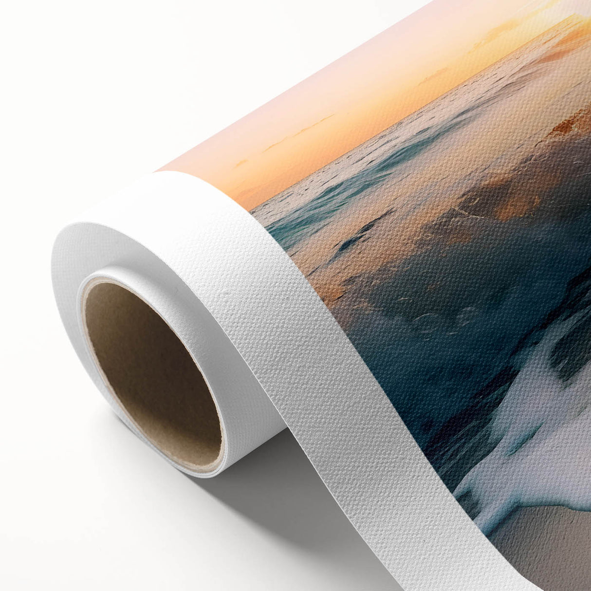 Vibrant rolled canvas wall art showcasing a serene seascape design with calming blues and greens, perfect for coastal-themed decor, packaged securely in a cardboard tube.