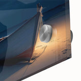 Close-up of a vibrant acrylic glass wall art piece showcasing a tranquil seascape, featuring rich blues and soft whites, perfect for enhancing coastal-themed decor.