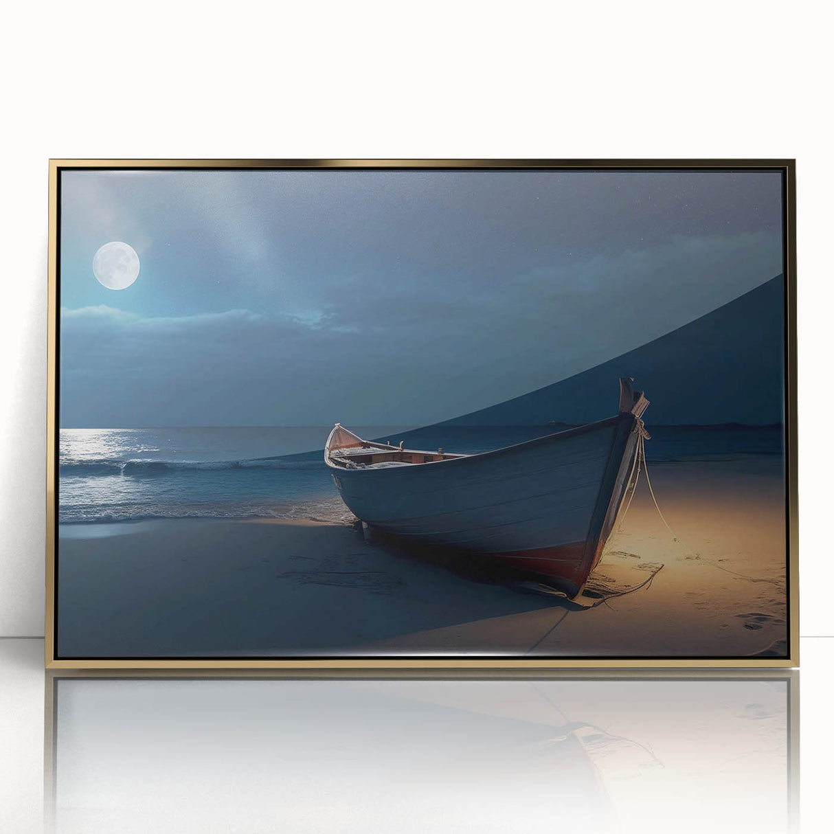 Framed acrylic wall art featuring a serene seascape design with gold accents, ideal for modern home decor. Perfect for adding elegance to any living space.