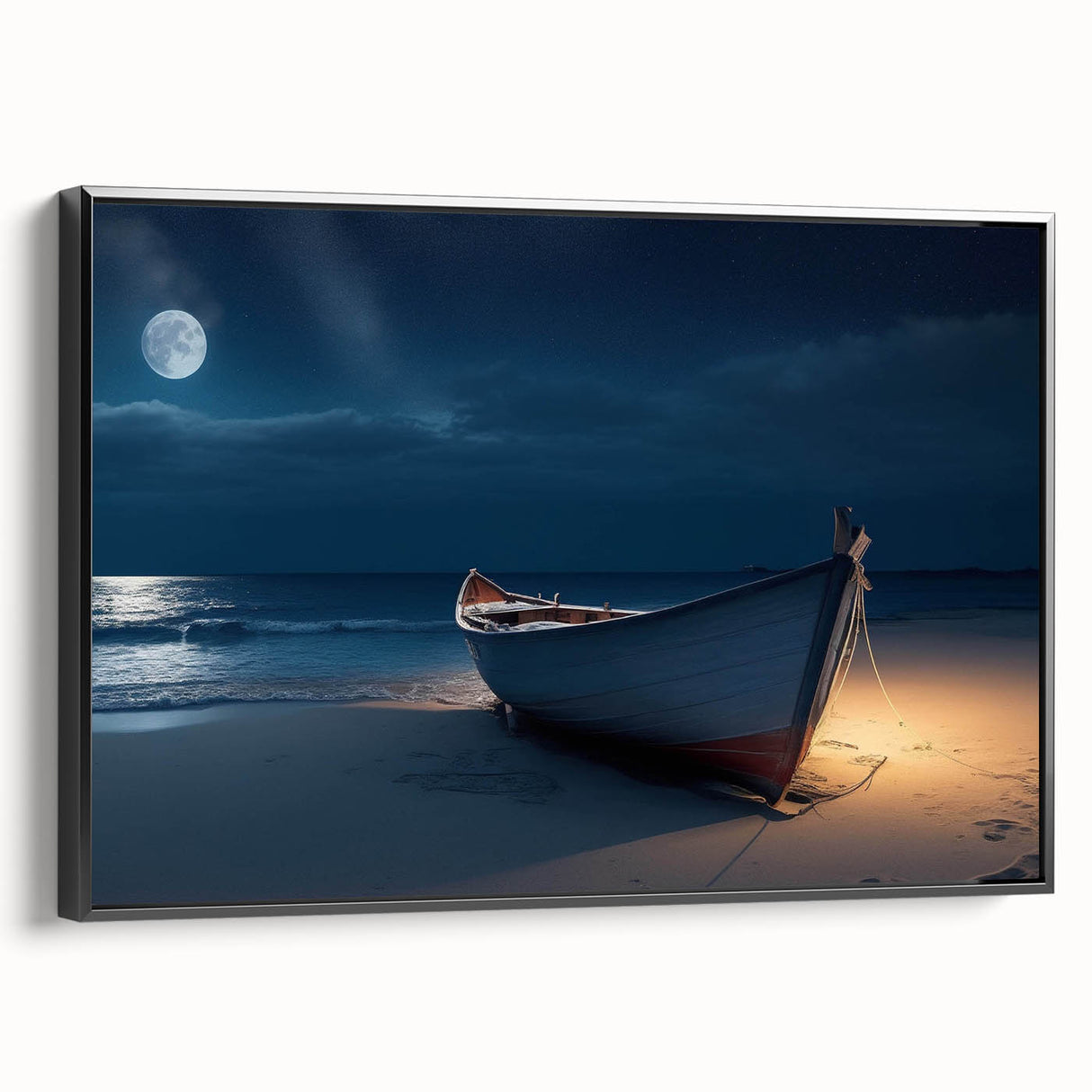 Framed canvas wall art showcasing a serene seascape design with a black frame, highlighting calming ocean colors and intricate details, perfect for home decor.