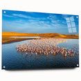 Acrylic glass wall art showcasing a vibrant seascape design with a side view featuring colorful ocean waves and beach elements, mounted with stylish pins for display.