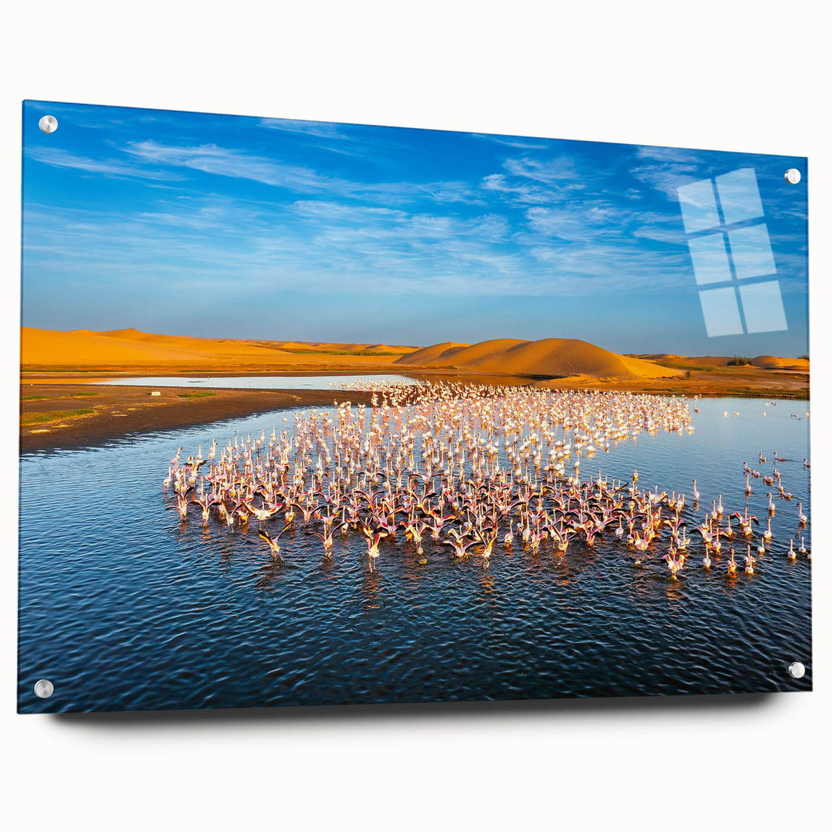 Acrylic glass wall art showcasing a vibrant seascape design with a side view featuring colorful ocean waves and beach elements, mounted with stylish pins for display.