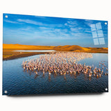 Acrylic glass wall art showcasing a vibrant seascape design with a side view featuring colorful ocean waves and beach elements, mounted with stylish pins for display.