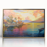 Framed acrylic wall art showcasing a vibrant seascape design with gold accents, perfect for enhancing modern home decor. Ideal for living rooms or offices.