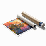 Vibrant rolled print of a seascape landscape featuring tranquil ocean waves and a colorful sunset, ideal for home decor and art enthusiasts. The artwork showcases a blend of blues, oranges, and pinks, creating a serene and inviting atmosphere.