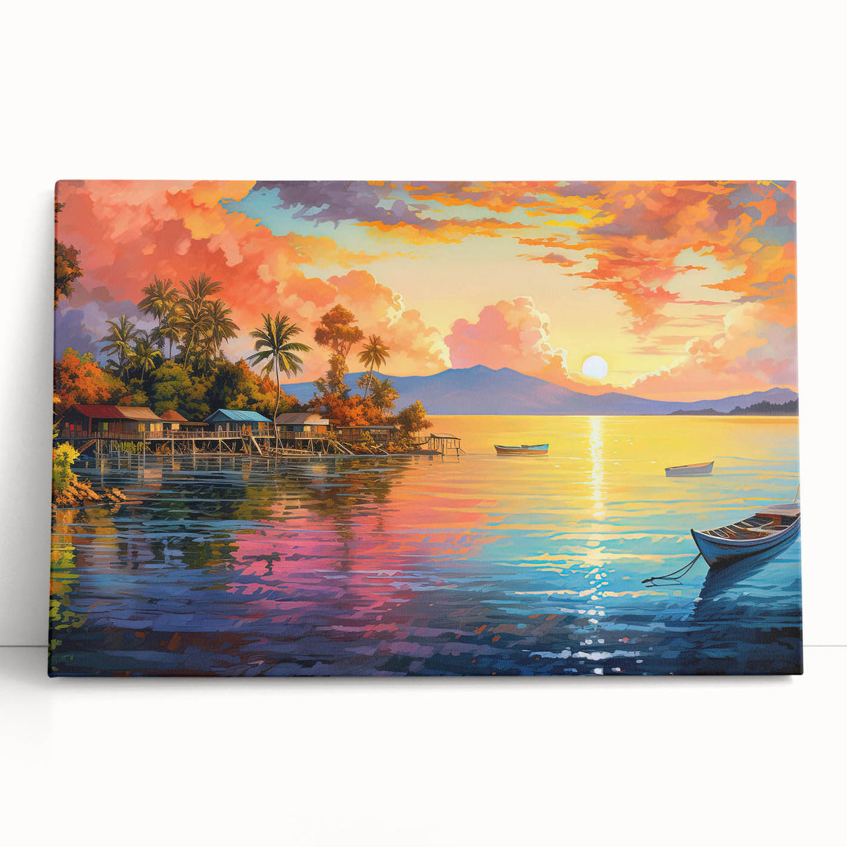 Stretched canvas wall art featuring a serene coastal landscape, showcasing vibrant blues and greens, perfect for enhancing home decor with a calming oceanic vibe.