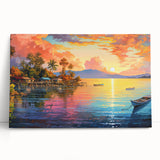 Stretched canvas wall art featuring a serene coastal landscape, showcasing vibrant blues and greens, perfect for enhancing home decor with a calming oceanic vibe.