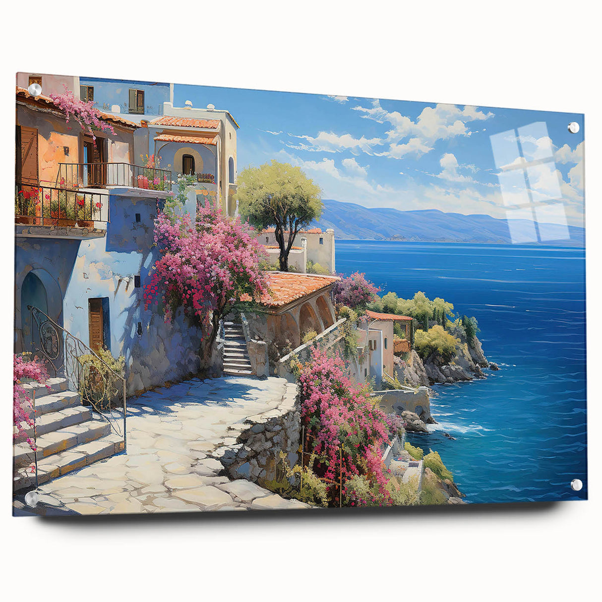 Acrylic glass wall art collection showcasing vibrant seascape designs in a side view, elegantly mounted with pins for a modern display. Perfect for coastal-themed interiors.