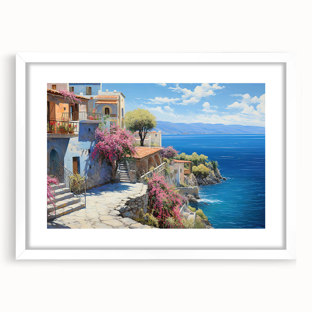 Framed wall art collection showcasing serene seascapes and landscapes, featuring a white mat and sleek frame, ideal for home decor enhancement.
