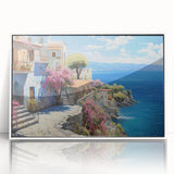 Framed acrylic wall art depicting a serene seascape design, showcasing calming blue and white tones, ideal for coastal home decor. Perfect for enhancing modern interiors.