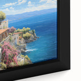 Close-up of a framed canvas artwork showcasing a vibrant seascape design, featuring rich blues and greens, perfect for modern home decor. Ideal for coastal-themed interiors.