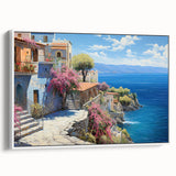 Framed canvas wall art showcasing a serene seascape design with vibrant colors, elegantly displayed in a sleek white frame, enhancing any coastal-themed decor.
