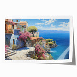 Rolled print of a serene coastal landscape featuring soft blues and sandy tones, showcasing gentle waves and a clear sky, ideal for home decor.