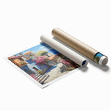 Abstract seascape wall art print showcasing vibrant blues and greens, featuring rolling waves and a serene coastal landscape, rolled for easy shipping.