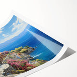 Vibrant rolled print of a seascape design showcasing calming ocean waves and a sunset palette, ideal for home decor and wall art collections.