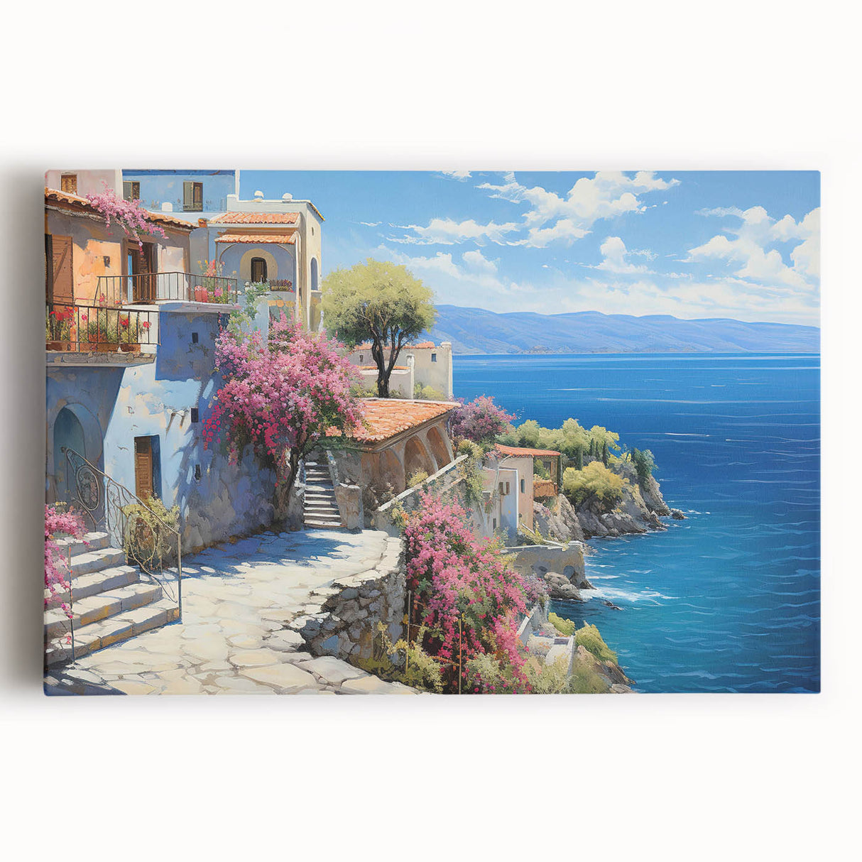 Stretched canvas wall art collection showcasing vibrant seascape design, featuring calming blues and greens, perfect for enhancing coastal-themed interiors.