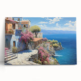 Stretched canvas wall art collection showcasing a vibrant seascape design with calming blue and green hues, leaning against a neutral wall, perfect for home decor.