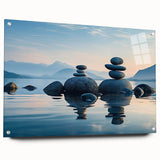 Side view of a modern wall art collection featuring seascapes and landscapes, displayed in a stylish acrylic glass frame, with decorative pins accentuating the design. The vibrant colors and serene imagery create a calming atmosphere, perfect for contemporary home decor.