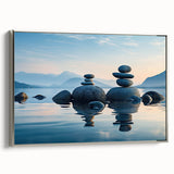 Framed canvas wall art collection showcasing serene landscapes and seascapes, featuring a silver frame and vibrant colors, perfect for modern home decor.