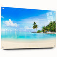 Acrylic glass wall art collection showcasing a vibrant seascape design, displayed from a side view with decorative pins, ideal for modern home decor.