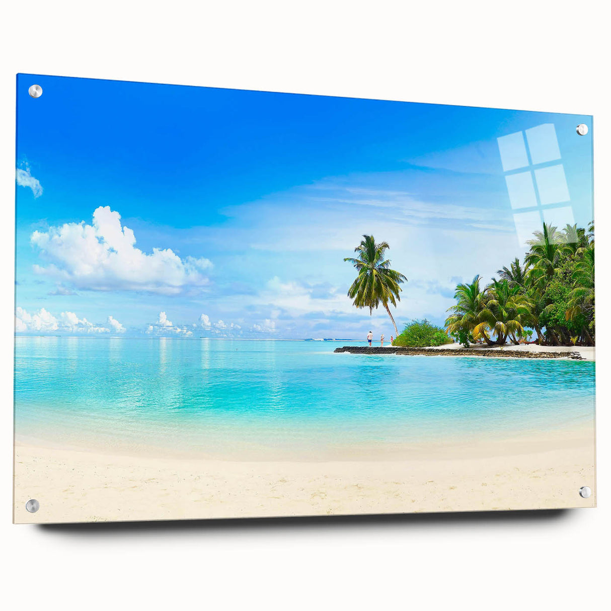 Acrylic glass wall art collection showcasing a vibrant seascape design, displayed from a side view with decorative pins, ideal for modern home decor.