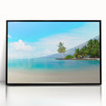 Framed acrylic wall art depicting a serene seascape with vibrant blues and calming greens, elegantly showcased in a black frame, perfect for coastal-themed decor. This piece enhances any room with its tranquil ocean imagery, ideal for art enthusiasts and home decorators.