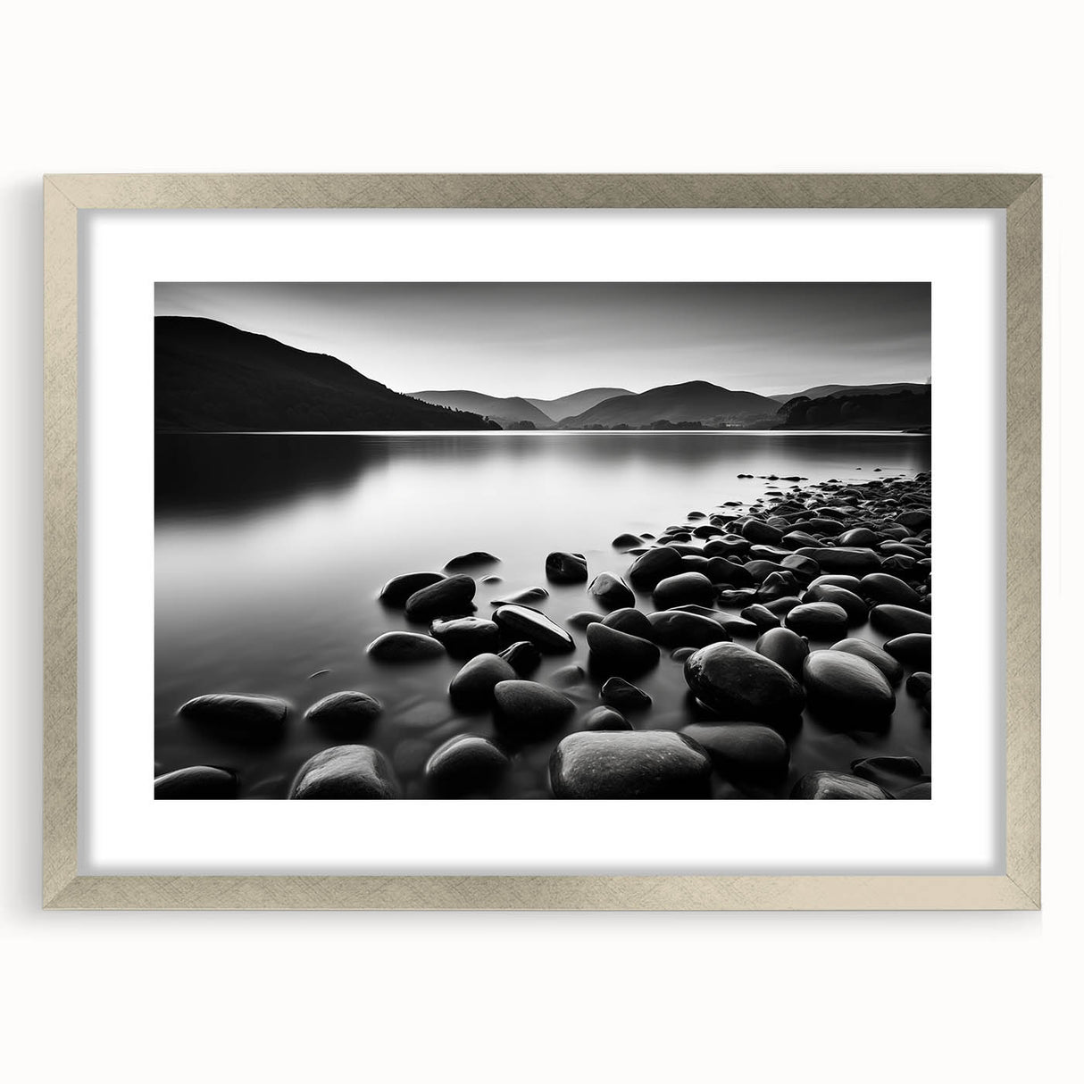 Framed wall art featuring a serene seascape design with a silver mat border, perfect for enhancing modern home decor. Ideal for living rooms or coastal themes.