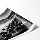 Rolled print of a serene seascape design showcasing vibrant blues and greens, beautifully capturing ocean waves crashing against rocks, perfect for coastal decor.