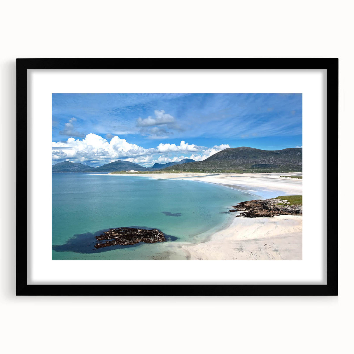 Framed wall art collection featuring seascapes and landscapes with a black mat, designed to enhance home decor. The artwork showcases vibrant ocean hues and serene landscapes, perfect for creating a calming ambiance in any room.