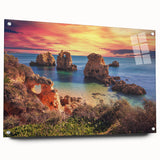 Acrylic glass wall art showcasing a serene seascape design, featuring vibrant colors and a side view display with decorative pins for mounting, perfect for coastal decor enthusiasts.