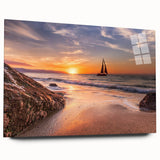 Acrylic glass wall art piece showcasing a vibrant seascape design with abstract waves and colors, viewed from the side and highlighting its sleek edges.