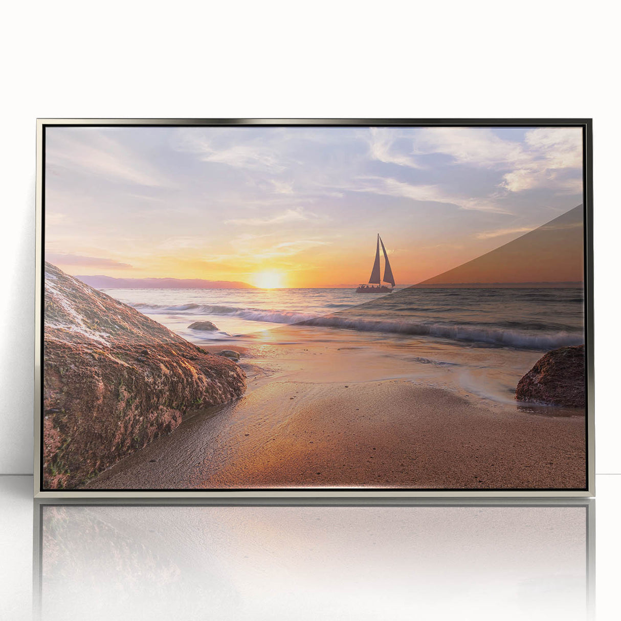 Framed wall art featuring a serene seascape design with vibrant blues and soft whites, elegantly displayed in an acrylic frame, perfect for coastal-themed decor.