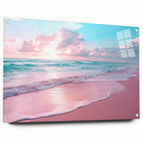 Wall art collection featuring a side view of a vibrant seascape design, printed on acrylic glass with decorative pins, showcasing colorful ocean waves and a serene horizon. Perfect for adding a coastal touch to modern interiors.