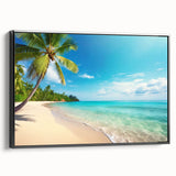 Framed canvas wall art showcasing a serene seascape design, featuring calming blue and white tones, presented in a sleek black frame with a side view for depth. Perfect for coastal decor enthusiasts.
