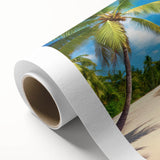 Rolled canvas artwork showcasing a vibrant seascape with dynamic blue waves and a serene sunset, elegantly packaged in a protective cardboard tube.