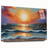 Acrylic glass wall art featuring a vibrant seascape design, showcasing dynamic waves and serene colors. Perfect for coastal-themed decor, offering a modern touch to any interior.