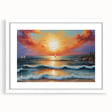 Framed wall art piece showcasing a serene seascape design with a white mat, perfect for enhancing coastal-themed interiors, displayed from a front view.
