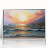 Framed acrylic wall art featuring a vibrant seascape design, showcasing soothing blue ocean waves and a serene sky, perfect for coastal-themed home decor.