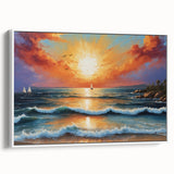 Framed canvas wall art showcasing a serene seascape design with vibrant blues and soft whites, elegantly displayed from a side view against a neutral backdrop.