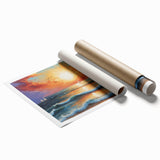 Rolled print showcasing a serene seascape design with vibrant blues and soft whites, ideal for coastal-themed decor. Packaged securely in a cardboard tube for delivery.