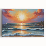 Stretched canvas wall art showcasing a vibrant seascape design, featuring rich blues and greens, perfect for enhancing coastal-themed decor in living spaces.